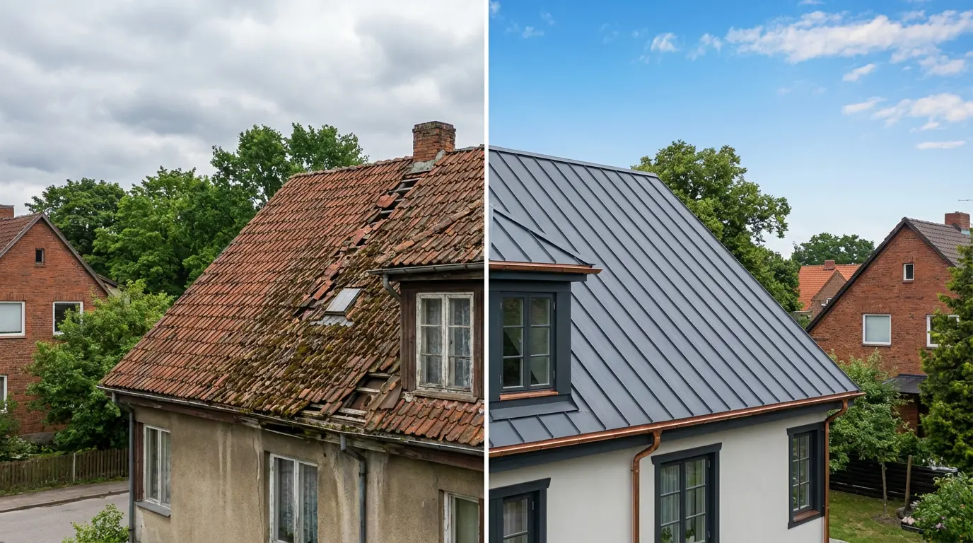 Jumta nomaiņa pirms un pēc — vecā jumta salīdzinājums ar jauno jumtu Rīgā